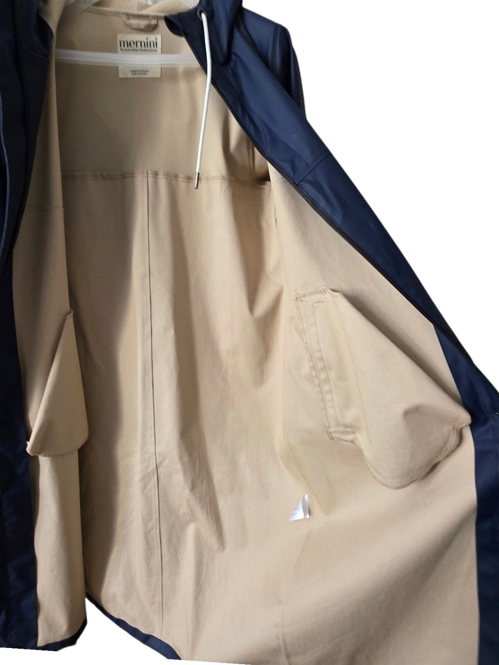 Classic Navy Hooded Long Rain Trench Coat by Mernini. Ladies Sz. Medium. 46 in - Picture 6 of 15